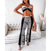 Leopard Print O-Ring Halter Crop Top & Pants Set - Leopard