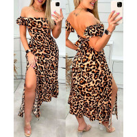 Leopard Print Off Shoulder Backless Split Thigh Maxi Dress - Leopard