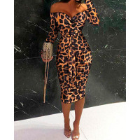 Leopard Print Off Shoulder Ruched Bodycon Dress - Leopard