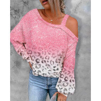 Leopard Print Ombre Cold Shoulder Sweatshirt - pink