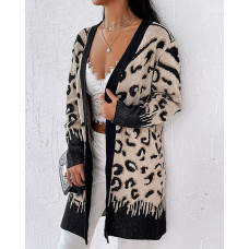 Leopard Print Open Front Longline Cardigan - Apricot