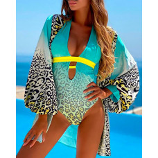 Leopard Print Plunge Cutout One Piece Swimsuit With Cover Up - blue