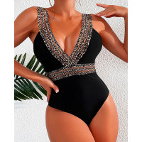 Leopard Print Plunge Sheer Mesh Patch One Piece Swimsuit - black