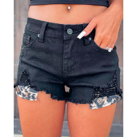 Leopard Print Pocket Design Denim Shorts - black