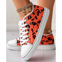 Leopard Print Raw Hem Lace-up Canvas Sneakers - orange