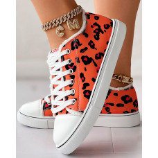 Leopard Print Raw Hem Lace-up Canvas Sneakers - orange