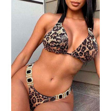 Leopard Print Rhinestone Decor Halter Bikini Set - Leopard