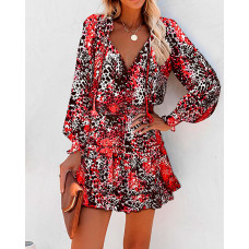 Leopard Print Ruffles Long Sleeve Dress - red