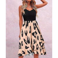 Leopard Print Ruffles V-Neck Asymmetrical Dress - Apricot