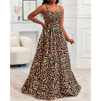 Leopard Print Shirred Cami Maxi Dress - Leopard