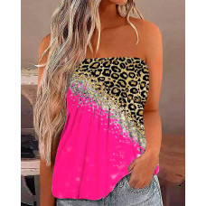 Leopard Print Shirred Strapless Tube Top - hot pink