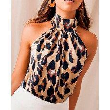 Leopard Print Sleeveless Halter Top - Leopard