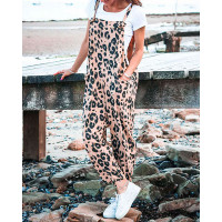 Leopard Print Sleeveless Pocket Design Jumpsuit - khaki