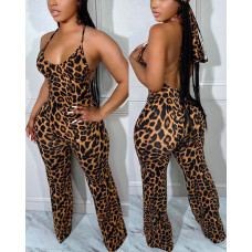 Leopard Print Spaghetti Strap Backless Jumpsuit - Leopard