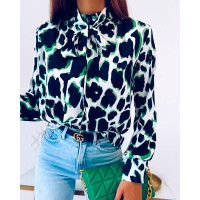 Leopard Print Tie Neck Long Sleeve Top - green