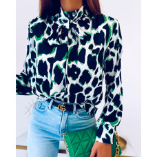 Leopard Print Tie Neck Long Sleeve Top - green