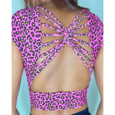 Leopard Print Twisted Back Crop Top - purple