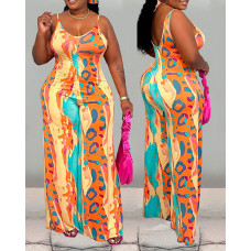 Leopard Print Wide Leg Casual Jumpsuit - orange