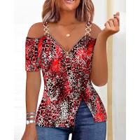 Leopard Print Zip Detail Split Hem Cold Shoulder Top - red