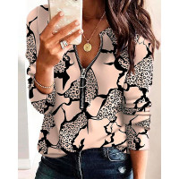 Leopard Print Zip Front Long Sleeve Top - Apricot