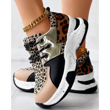 Leopard Snakeskin Print Colorblock Lace-up Muffin Sneakers - Leopard