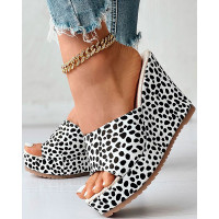 Leopard Wide Strap Wedge Slippers - blackwhite