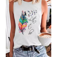 Let It Be Feather Dragonfly Print Casual Tank Top - white