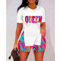 Letter Abstract Print Split Hem Top & Shorts Set - Multicolor