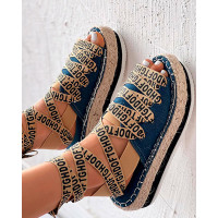 Letter Band Lace-up Platform Peep Toe Strappy Sandals - blue