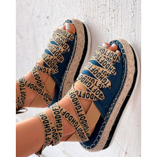 Letter Band Lace-up Platform Peep Toe Strappy Sandals - blue