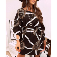 Letter Baroque Print Long Sleeve Casual Dress - black