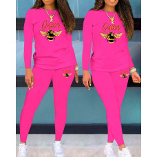 Letter Bee Print Long Sleeve Top & Pants Set - hot pink