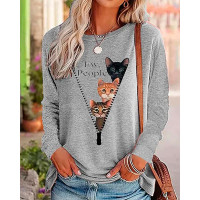 Letter Cat Print Long Sleeve Sweatshirt - gray