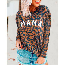 Letter Cheetah Print Long Sleeve T-Shirt - style1