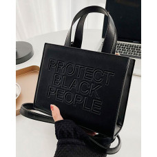 Letter Embossed Top Handle Crossbody Tote Bag - black