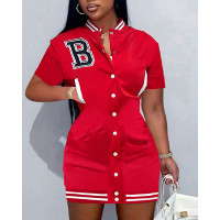 Letter Embroidery Button Front Casual Dress - red