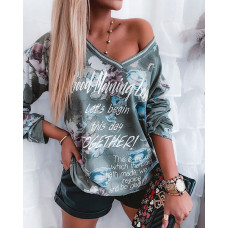 Letter Floral Print Long Sleeve Top - style1