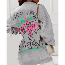 Letter Graphic Print Long Sleeve Zipper Design Coat - gray