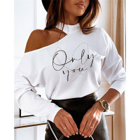 Letter Heart Pattern Cold Shoulder Long Sleeve Top - white