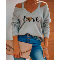 Letter Heart Print Cold Shoulder Casual Top - gray