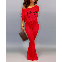 Letter Heart Print Drawstring Bootcut Jumpsuit - red