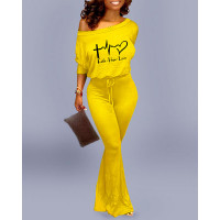 Letter Heart Print Drawstring Bootcut Jumpsuit - yellow