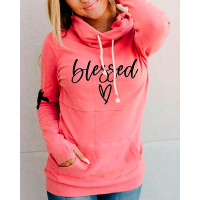 Letter Heart Print Drawstring Hooded Long Sleeve Pocket Sweatshirt - pink