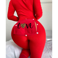 Letter Heart Print Functional Buttoned Flap Adult Onesie - red