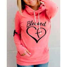 Letter Heart Print Hooded Long Sleeve Sweatshirt - pink