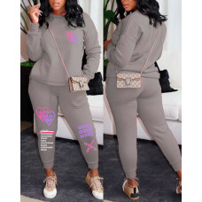 Letter Heart Print Long Sleeve Casual Top & Pants Set - gray