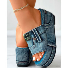 Letter Label Platform Denim Slippers - blue