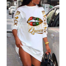 Letter Lip Print Long Sleeve Sweatshirt Casual Dress - white