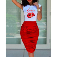 Letter Lip Print Top & Ruched Skirt Set - red