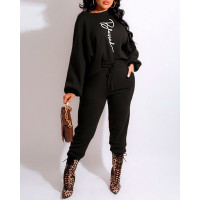 Letter Pattern Lantern Sleeve Sweatshirt & Pocket Design Pants Set - black